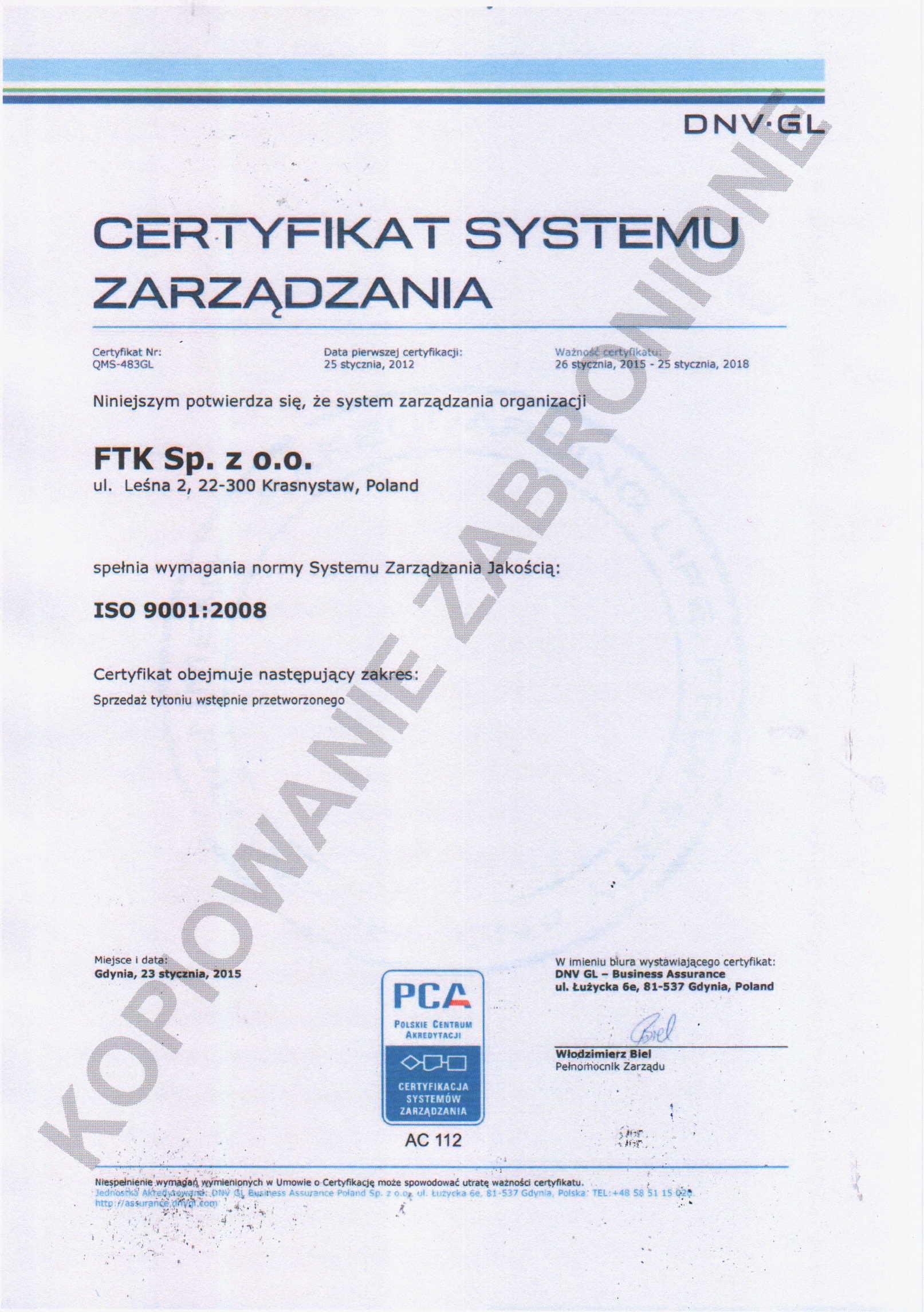 2015 Certyfikat ISO 1